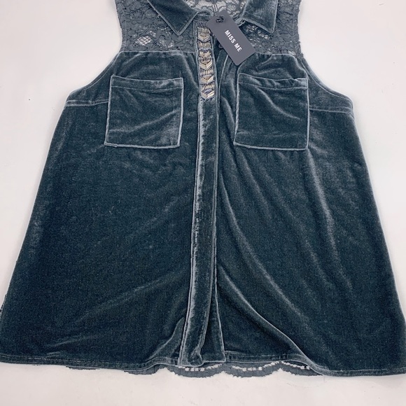 Miss Me Velvet Gray Sleeveless lace button down top shirt beaded Size Small NWT - Picture 3 of 13